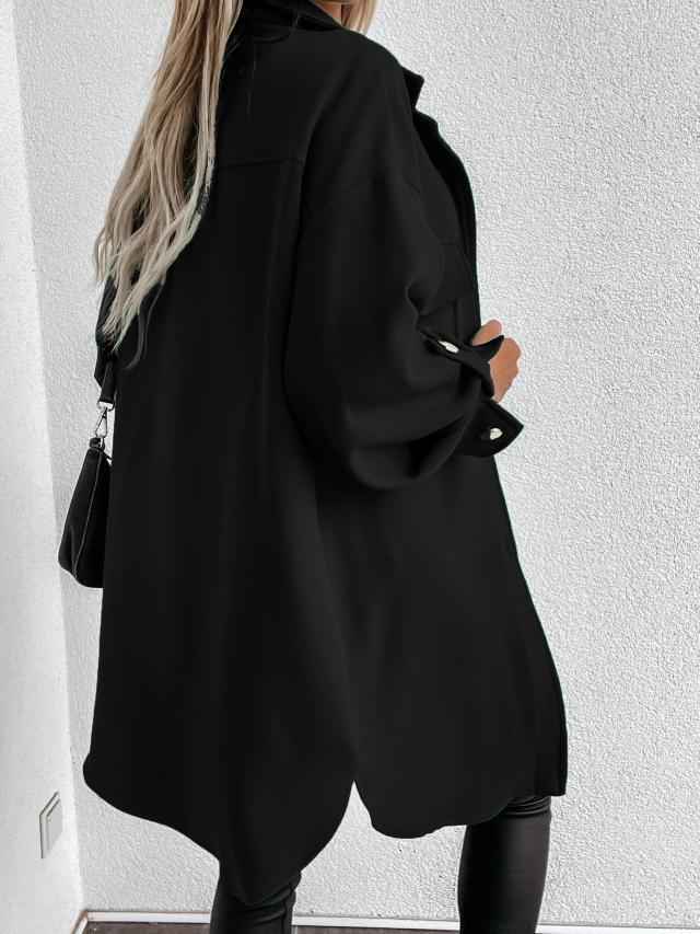 Azélia | Manteau Chemise Long Femme Style Laine avec Col Revers et Boutons Élégants