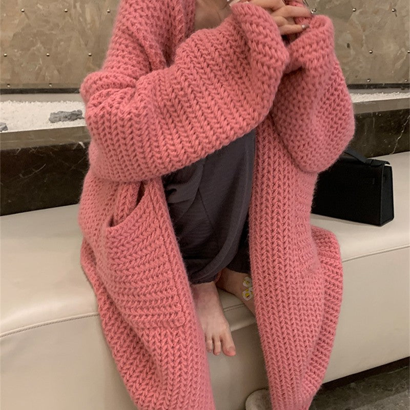 Long Cardigan Femme avec Zopfmuster et Poches Pratiques
