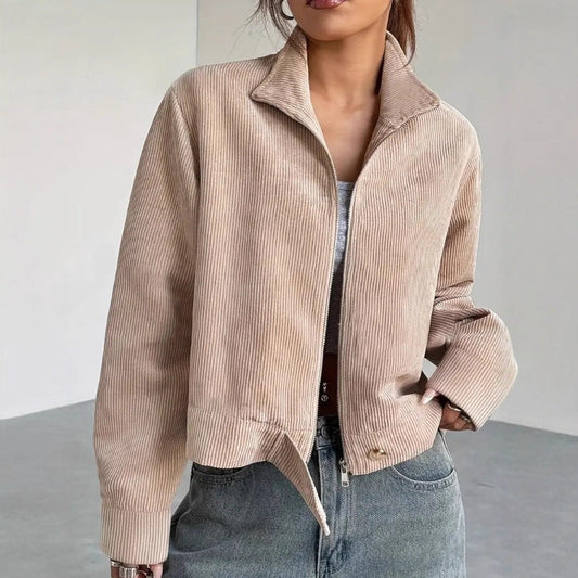 Élodisse | Veste Femme Côtelée Relaxed Fit Courte avec Fermeture Éclair et Col Large