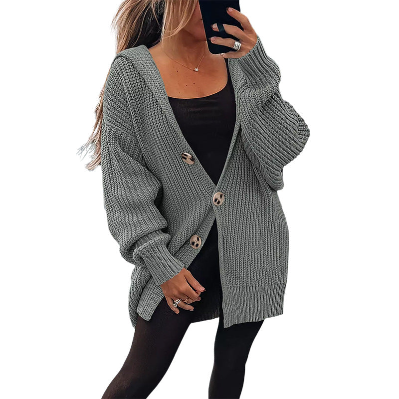 Cardigan Femme Oversize en Gros Tricot avec Boutons en Bois Élégants