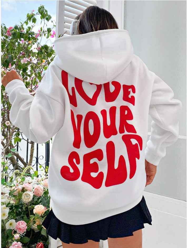 Aurélise | Hoodie Femme Oversize avec Capuche, Poches Kangourou et Imprimé “Love Yourself”