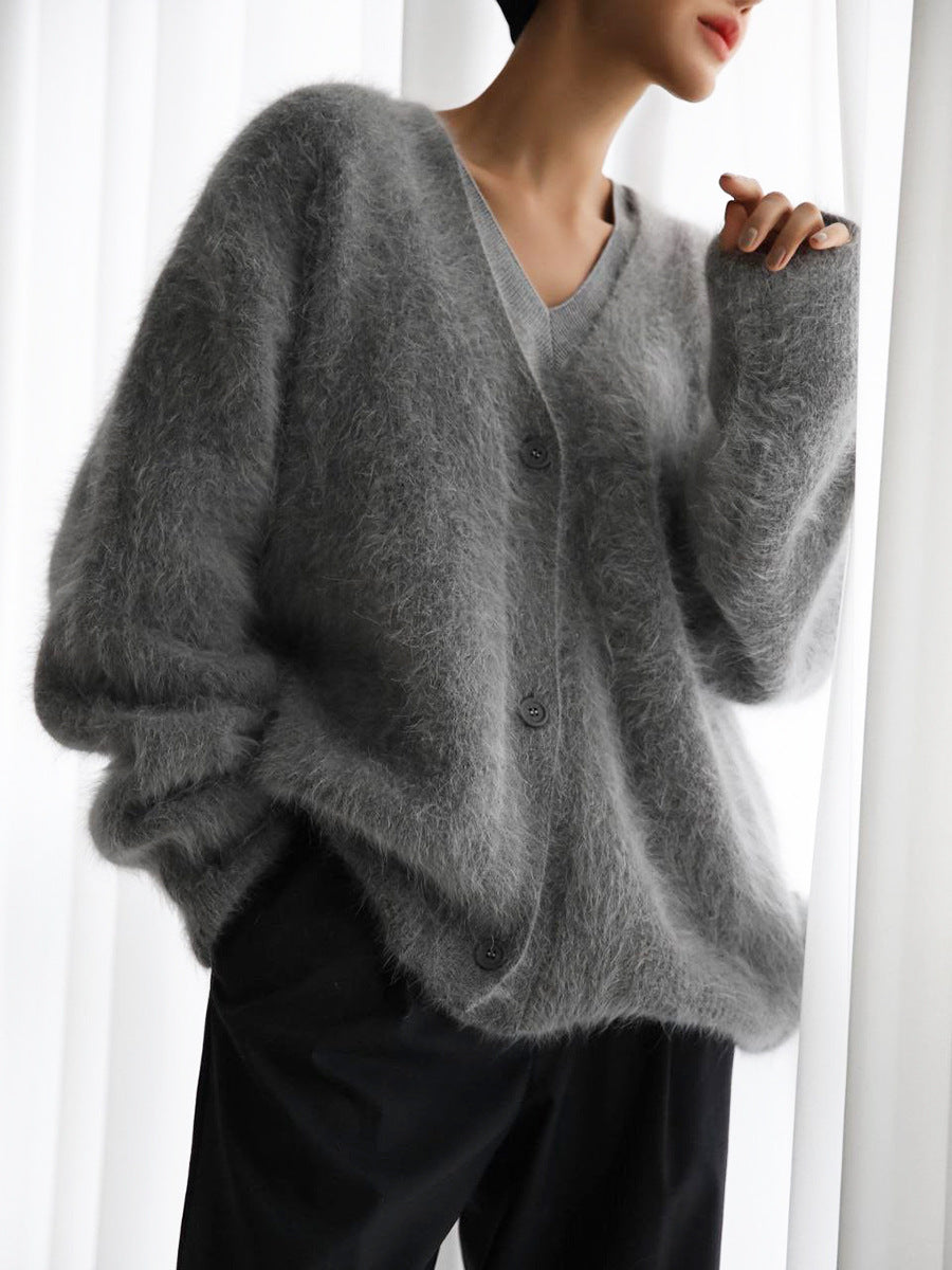 Églantine | Cardigan Femme Décontracté Col V Profond à Boutons en Couleur Unie