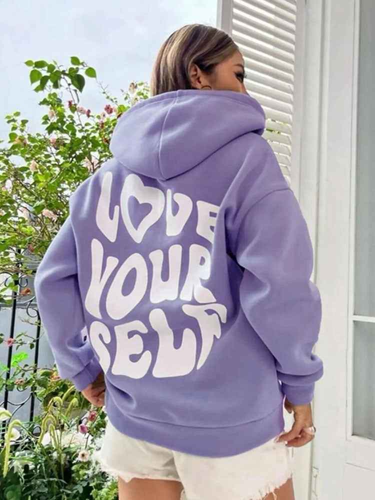 Aurélise | Hoodie Femme Oversize avec Capuche, Poches Kangourou et Imprimé “Love Yourself”