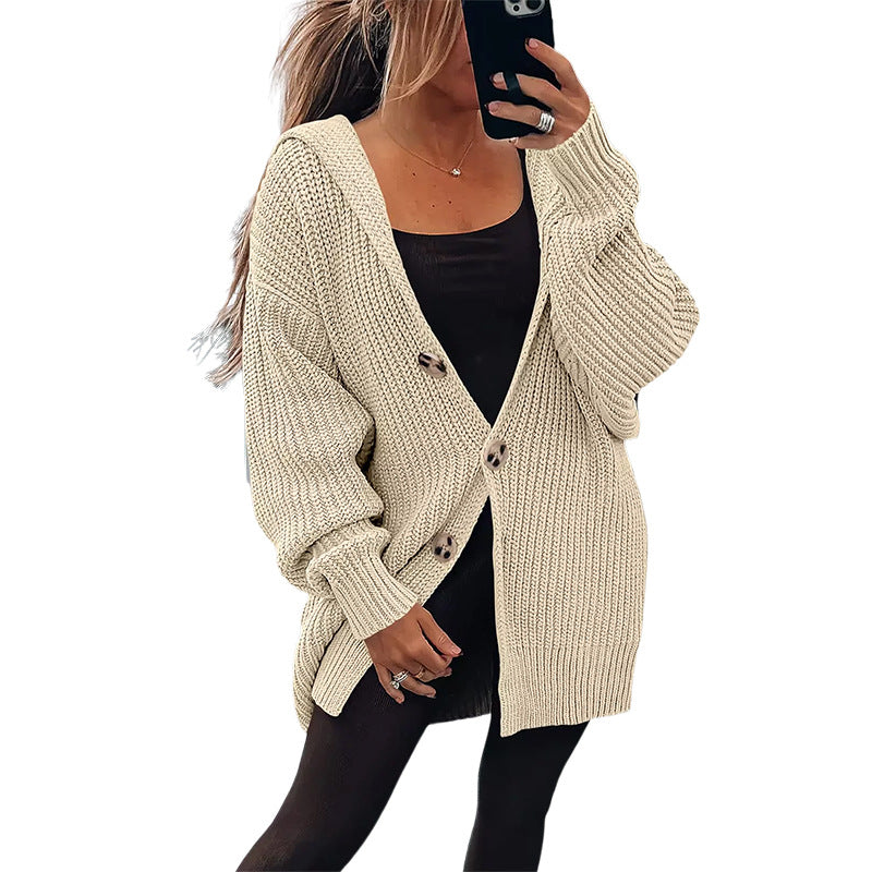 Cardigan Femme Oversize en Gros Tricot avec Boutons en Bois Élégants
