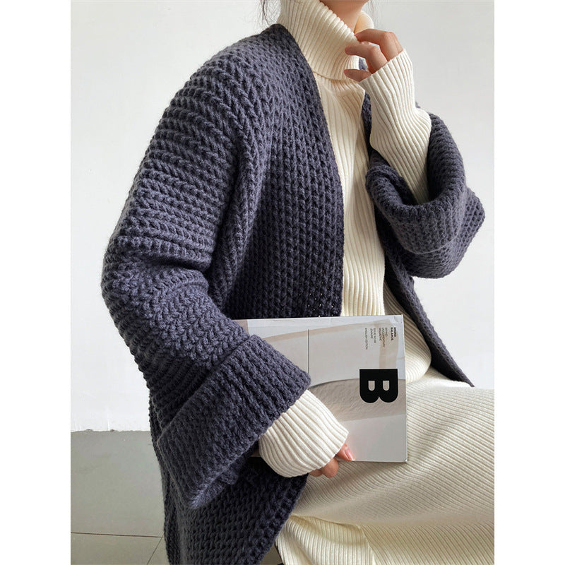 Long Cardigan Femme avec Zopfmuster et Poches Pratiques