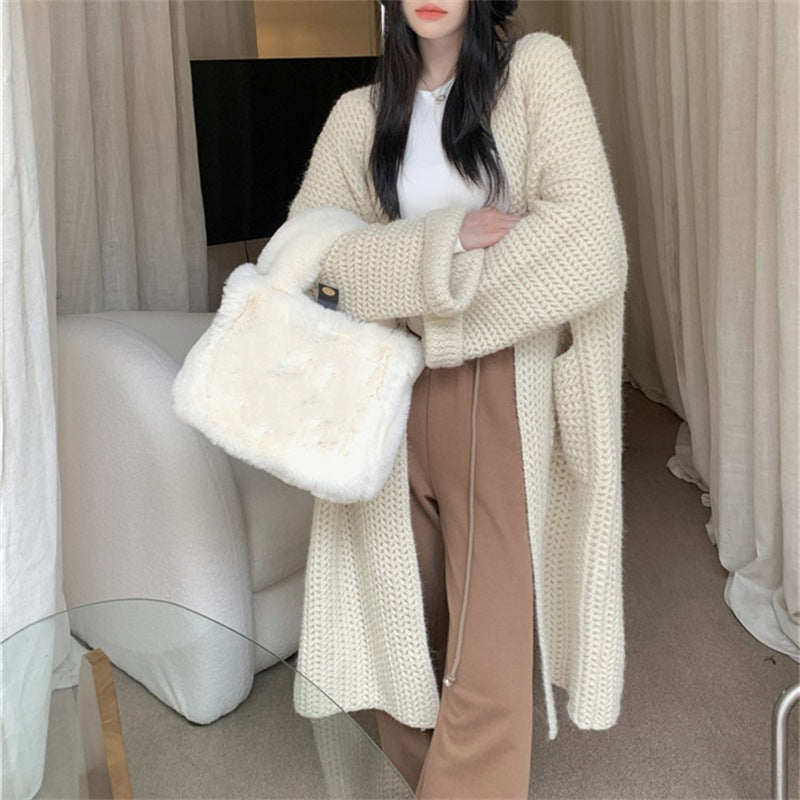 Long Cardigan Femme avec Zopfmuster et Poches Pratiques