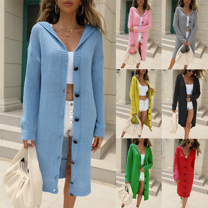 Cardigan Femme en Gros Tricot avec Capuche et Boutons Élégants