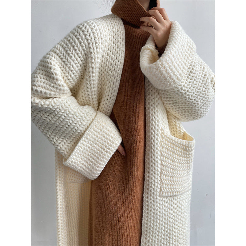 Long Cardigan Femme avec Zopfmuster et Poches Pratiques