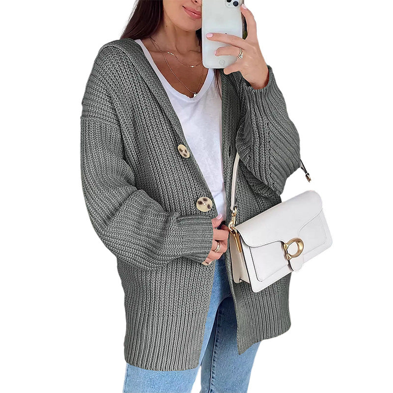 Cardigan Femme Oversize en Gros Tricot avec Boutons en Bois Élégants