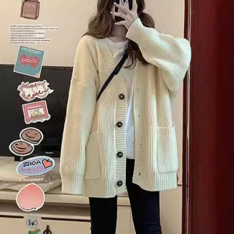Cardigan Femme en Tricot à Grandes Mailles avec Poches Ouvertes