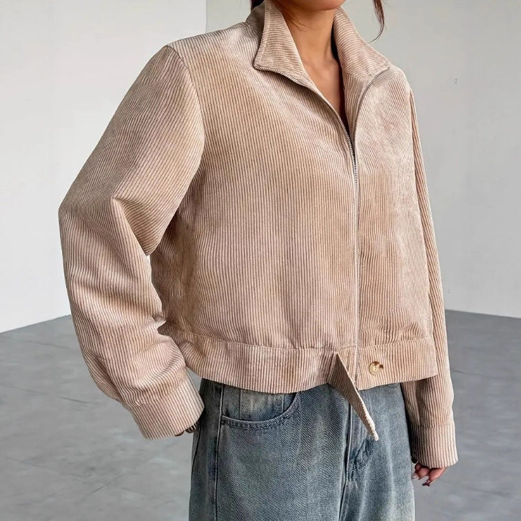 Élodisse | Veste Femme Côtelée Relaxed Fit Courte avec Fermeture Éclair et Col Large