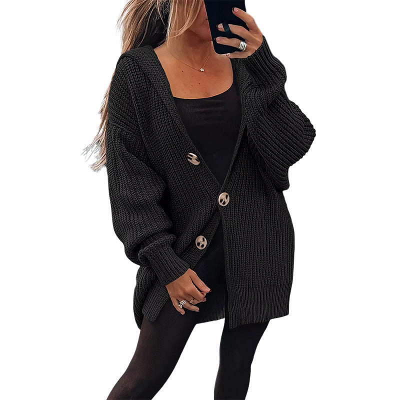 Cardigan Femme Oversize en Gros Tricot avec Boutons en Bois Élégants