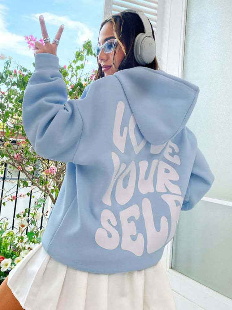 Aurélise | Hoodie Femme Oversize avec Capuche, Poches Kangourou et Imprimé “Love Yourself”