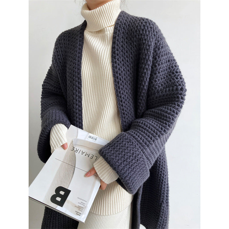 Long Cardigan Femme avec Zopfmuster et Poches Pratiques