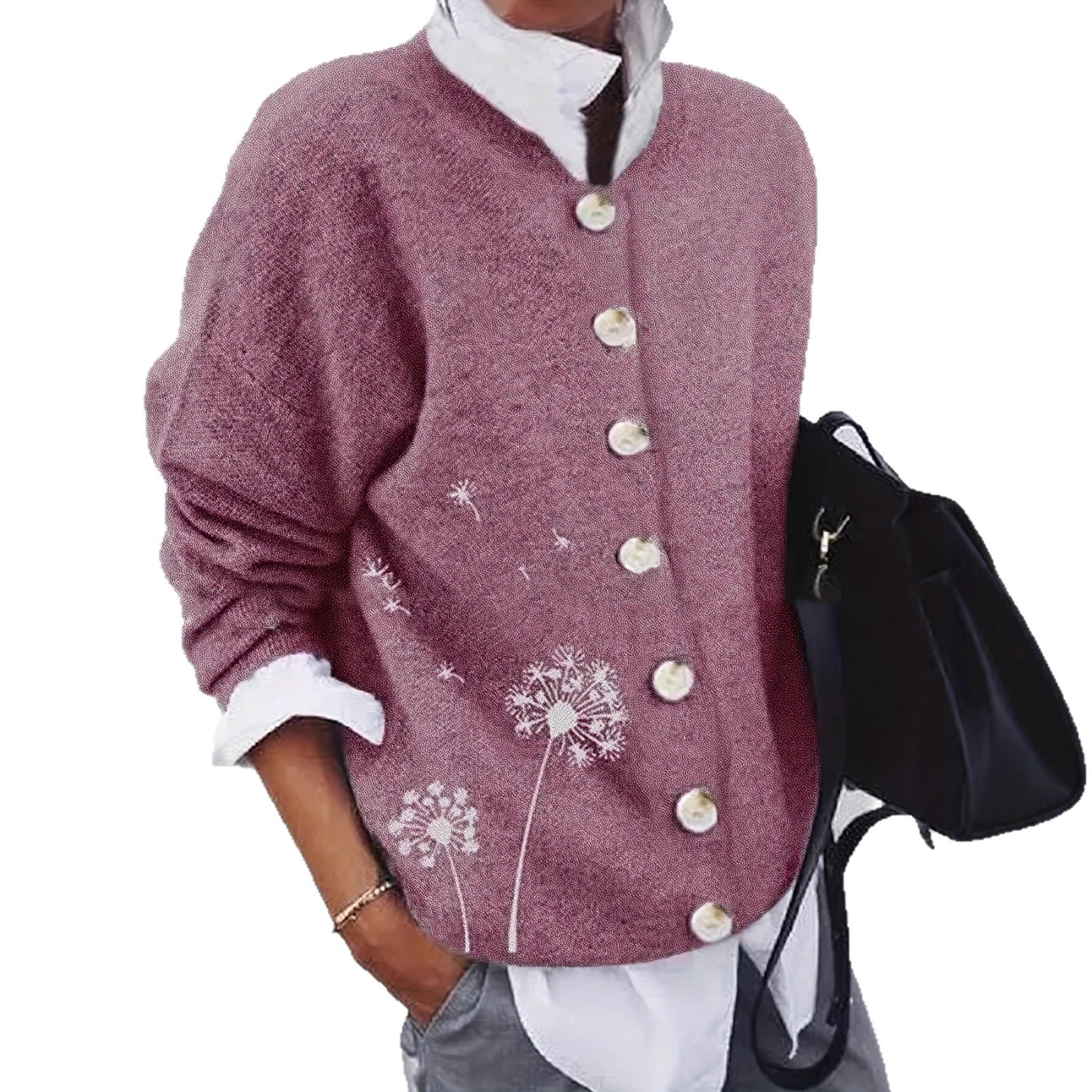 Cardigan Femme Imprimé Pissenlit | Gilet Boutonné pour un Style Naturel et Raffiné