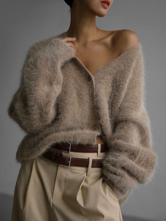 Églantine | Cardigan Femme Décontracté Col V Profond à Boutons en Couleur Unie