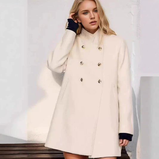 Cerisse | Manteau Femme Chic en Laine Mélangée, Coupe Ajustée, Boutons Doubles et Col Montant