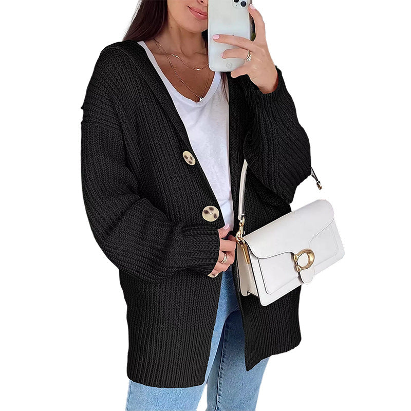 Cardigan Femme Oversize en Gros Tricot avec Boutons en Bois Élégants
