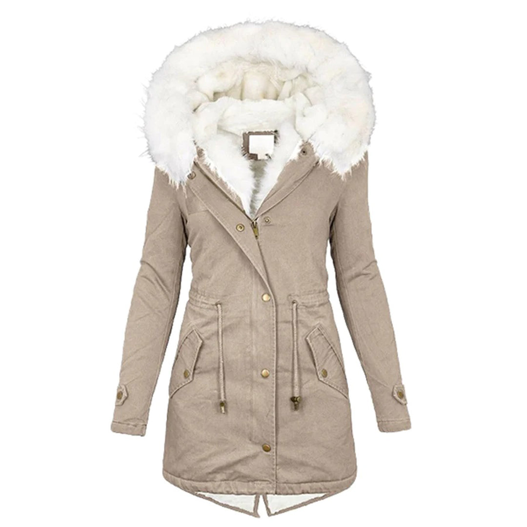 Lucienne | Manteau Femme Capuche Doublé Fourrure avec Taille Cintrée