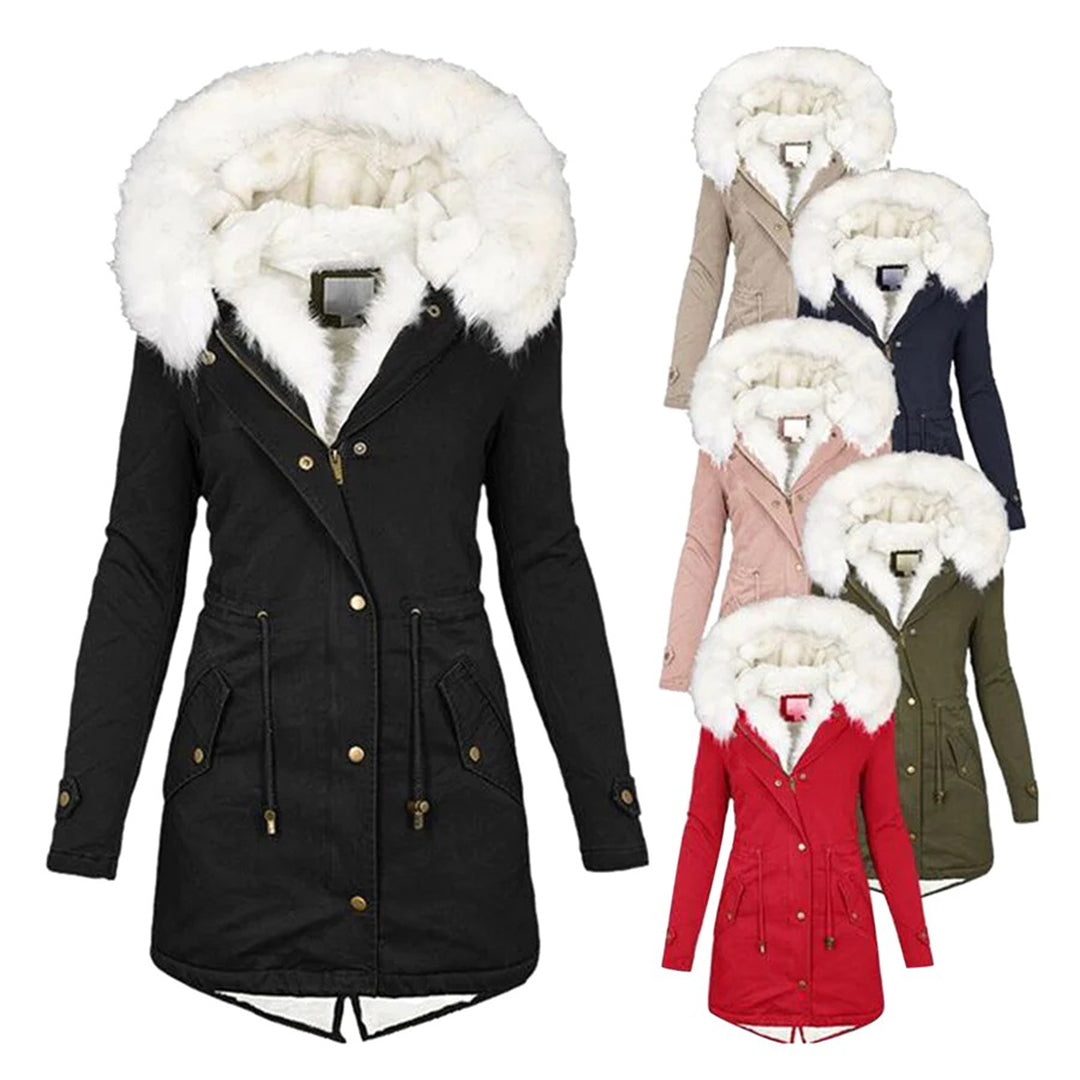 Lucienne | Manteau Femme Capuche Doublé Fourrure avec Taille Cintrée