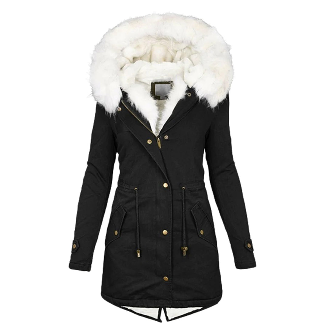 Lucienne | Manteau Femme Capuche Doublé Fourrure avec Taille Cintrée