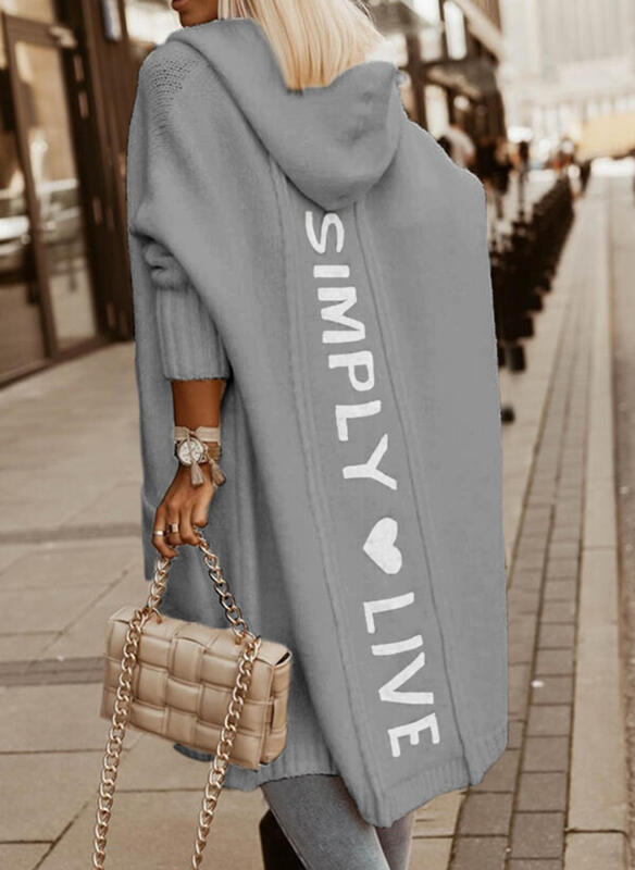 Émilie | Cardigan Long à Capuche Femme, Couleur Unie avec Impression "Simply Live"