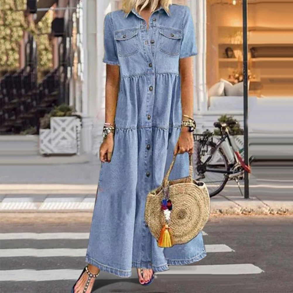 Margot | Robe Chemise Longue en Jean avec Col Revers et Manches Courtes Amples