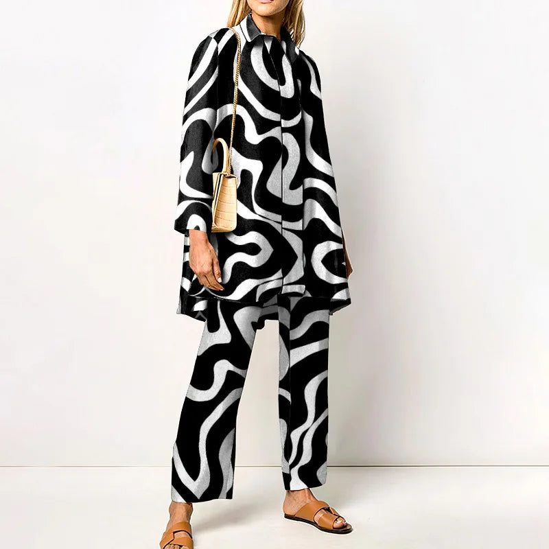 Ensemble femme deux pièces | Blouse ample et pantalon assorti à imprimé vintage
