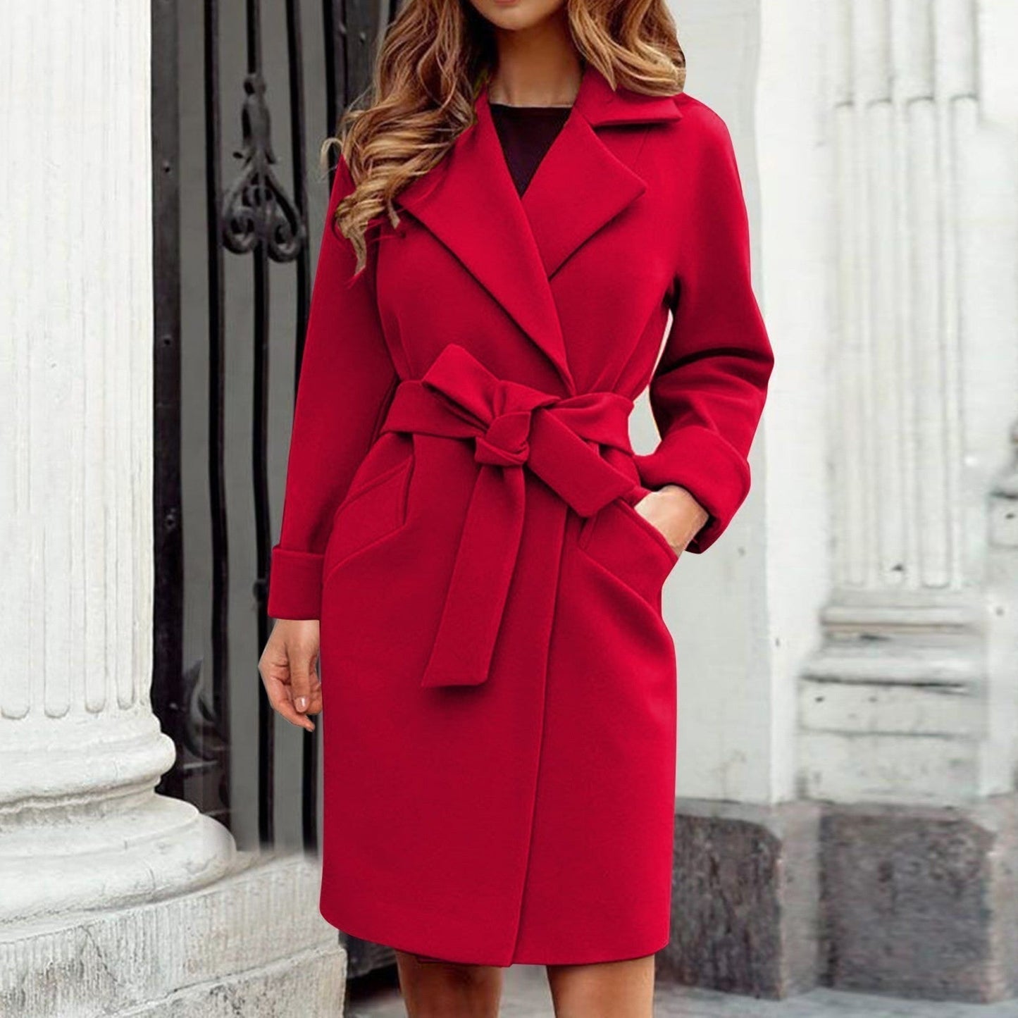 Irène | Manteau Femme Long Classique Couleur Unie avec Col à Revers et Ceinture