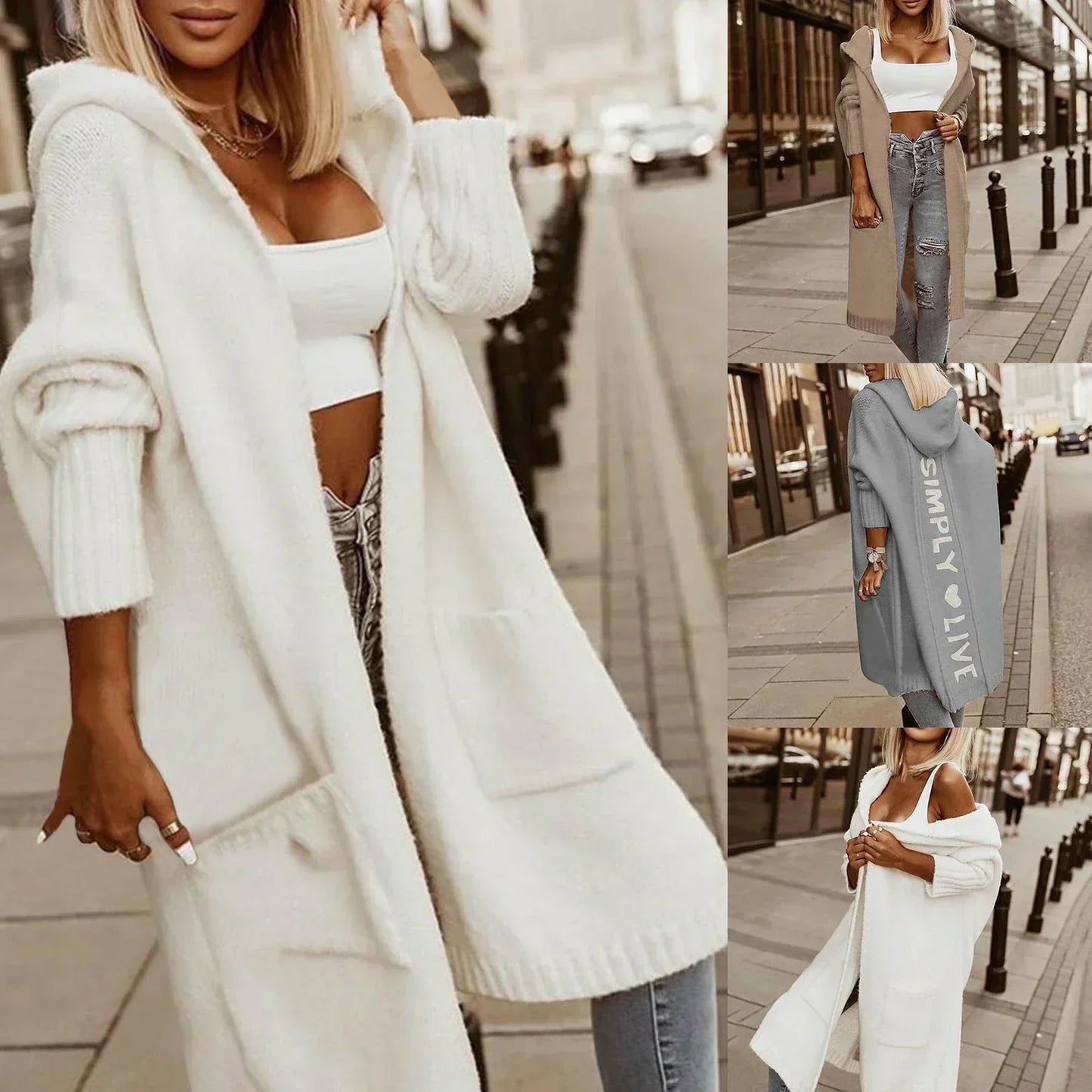 Émilie | Cardigan Long à Capuche Femme, Couleur Unie avec Impression "Simply Live"