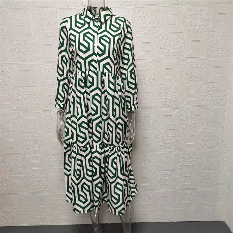 Philomène | Robe Femme Midi Ample à Manches Longues avec Motif Géométrique Élégant