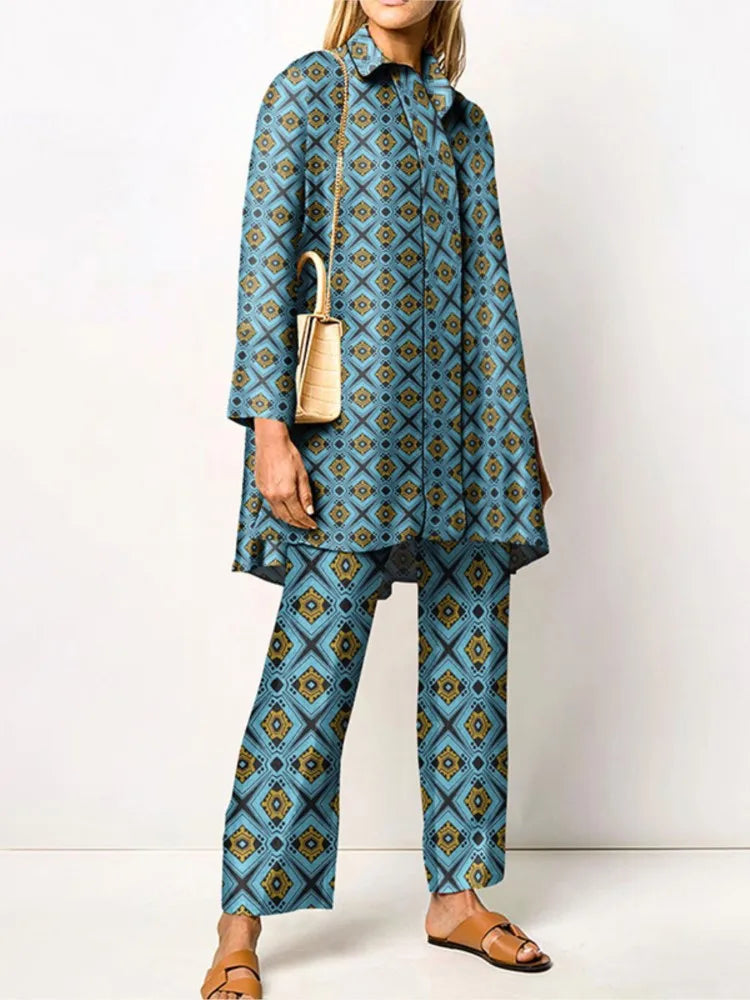 Ensemble femme deux pièces | Blouse ample et pantalon assorti à imprimé vintage