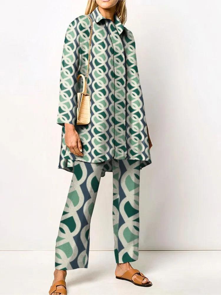 Ensemble femme deux pièces | Blouse ample et pantalon assorti à imprimé vintage