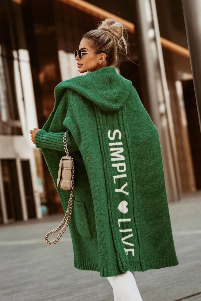 Émilie | Cardigan Long à Capuche Femme, Couleur Unie avec Impression "Simply Live"