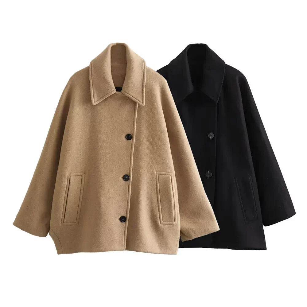 Irina | Veste Femme Oversize Couleur Unie avec Col à Revers et Boutons Frontau