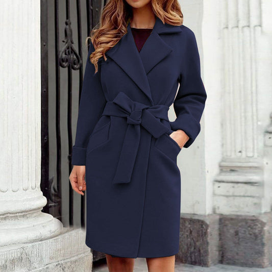 Irène | Manteau Femme Long Classique Couleur Unie avec Col à Revers et Ceinture