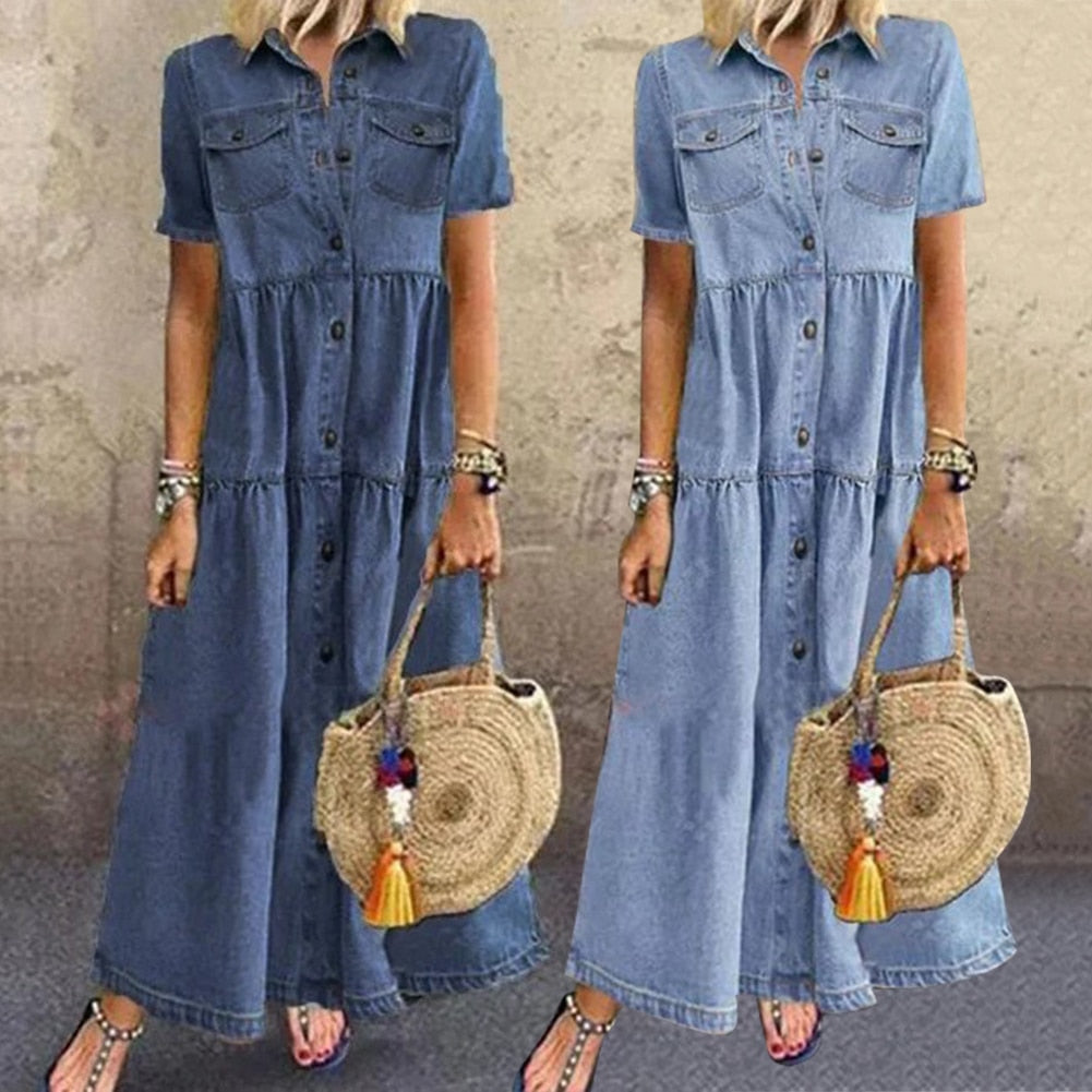 Margot | Robe Chemise Longue en Jean avec Col Revers et Manches Courtes Amples