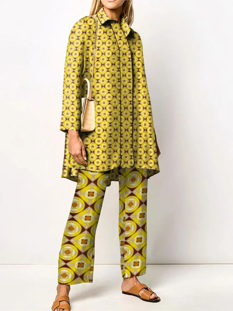 Ensemble femme deux pièces | Blouse ample et pantalon assorti à imprimé vintage
