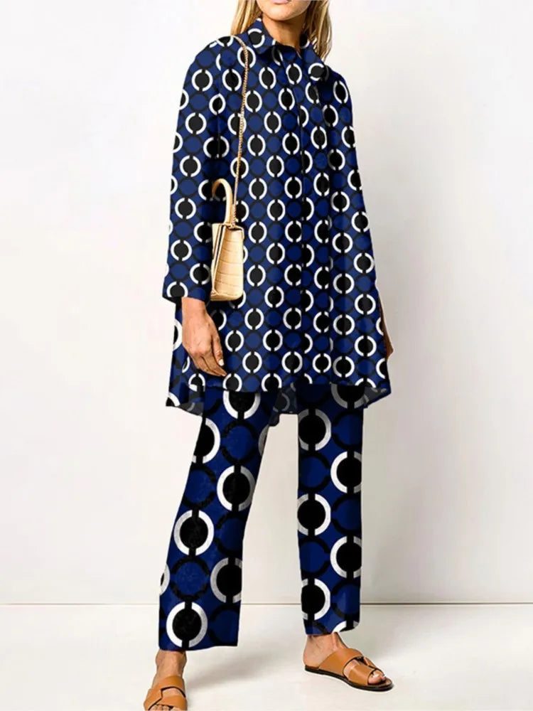Ensemble femme deux pièces | Blouse ample et pantalon assorti à imprimé vintage