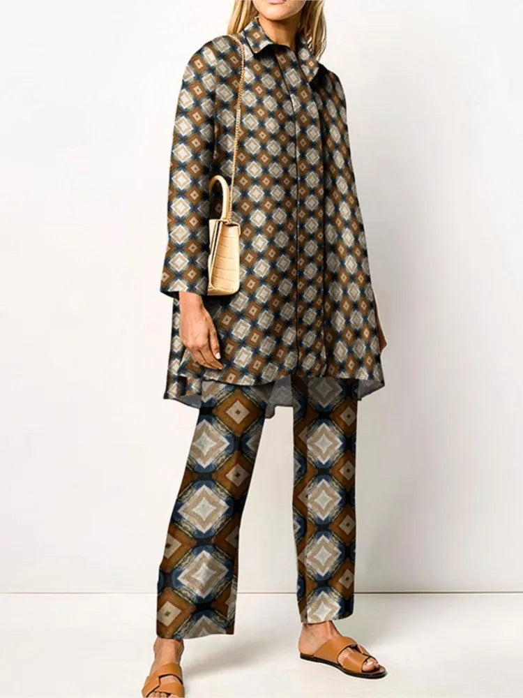 Ensemble femme deux pièces | Blouse ample et pantalon assorti à imprimé vintage