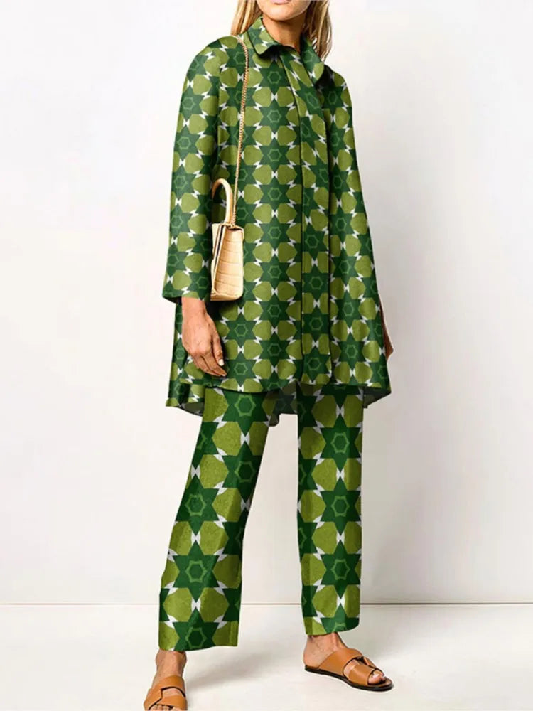 Ensemble femme deux pièces | Blouse ample et pantalon assorti à imprimé vintage