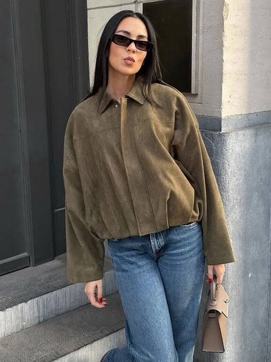 Ghislaine | Veste Femme Effet Suédé à Col Chemise Loose Fit