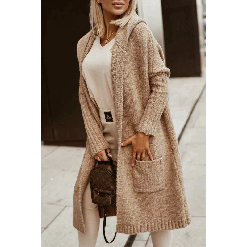 Émilie | Cardigan Long à Capuche Femme, Couleur Unie avec Impression "Simply Live"