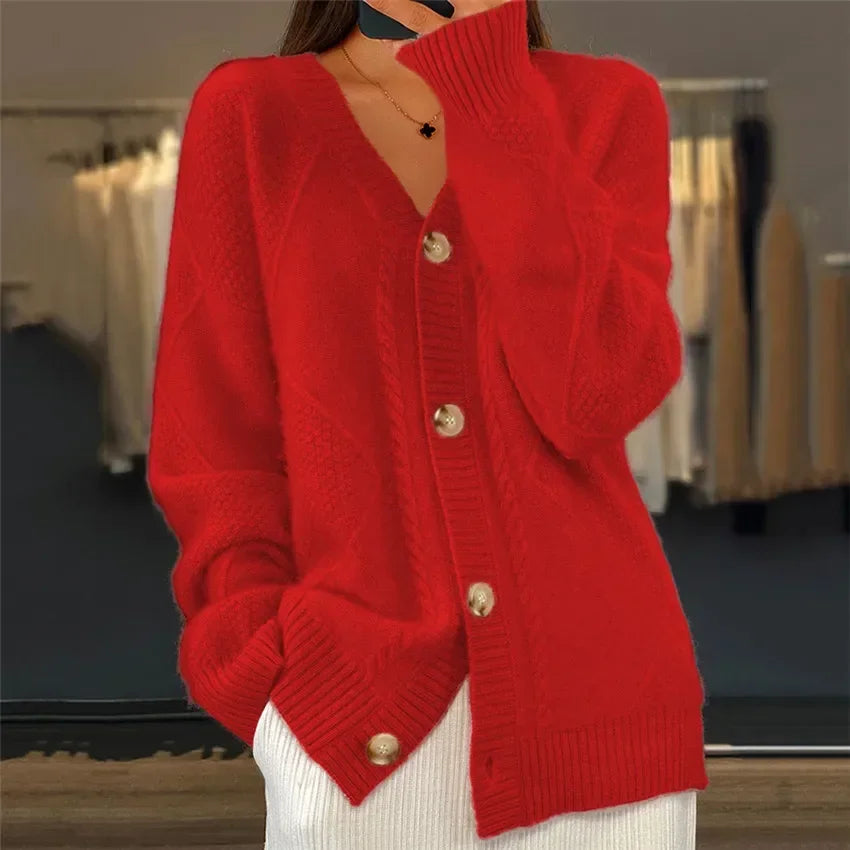 Céline | Cardigan Femme Élégant en Maille, Col V avec Boutons