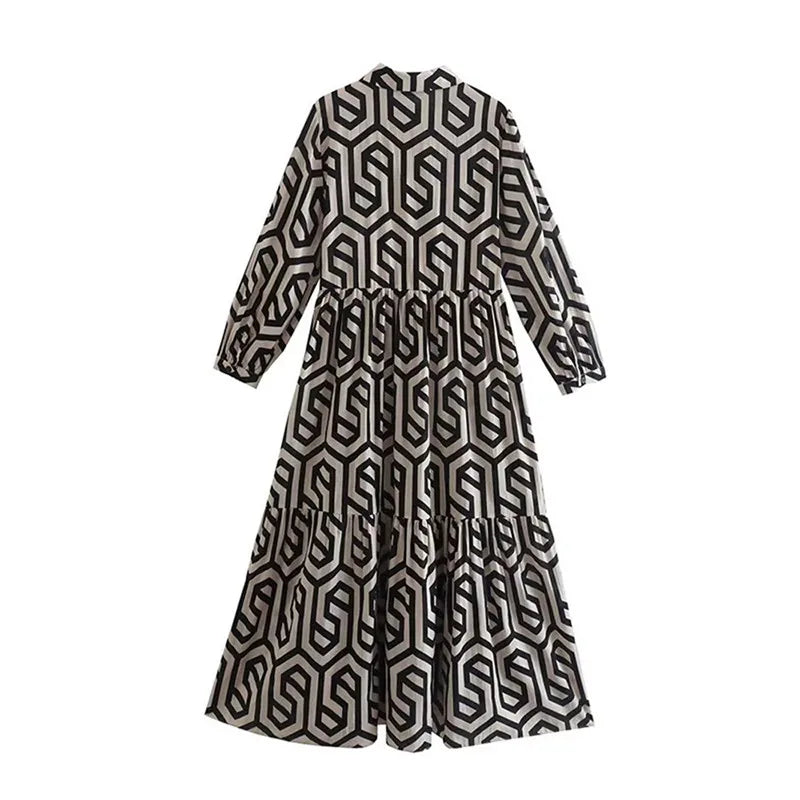 Philomène | Robe Femme Midi Ample à Manches Longues avec Motif Géométrique Élégant