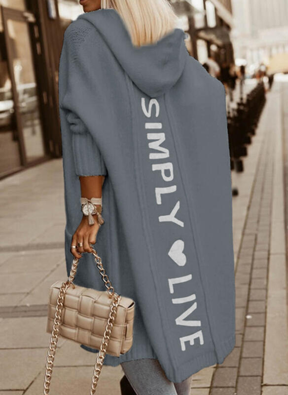 Émilie | Cardigan Long à Capuche Femme, Couleur Unie avec Impression "Simply Live"