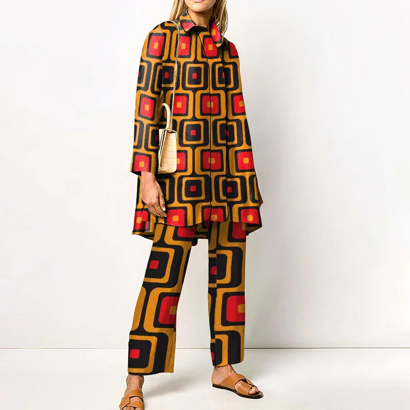 Ensemble femme deux pièces | Blouse ample et pantalon assorti à imprimé vintage