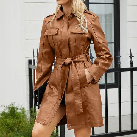 Isaline | Manteau Mi-Long Femme Fitted, Col Pointu et Poches Multiples