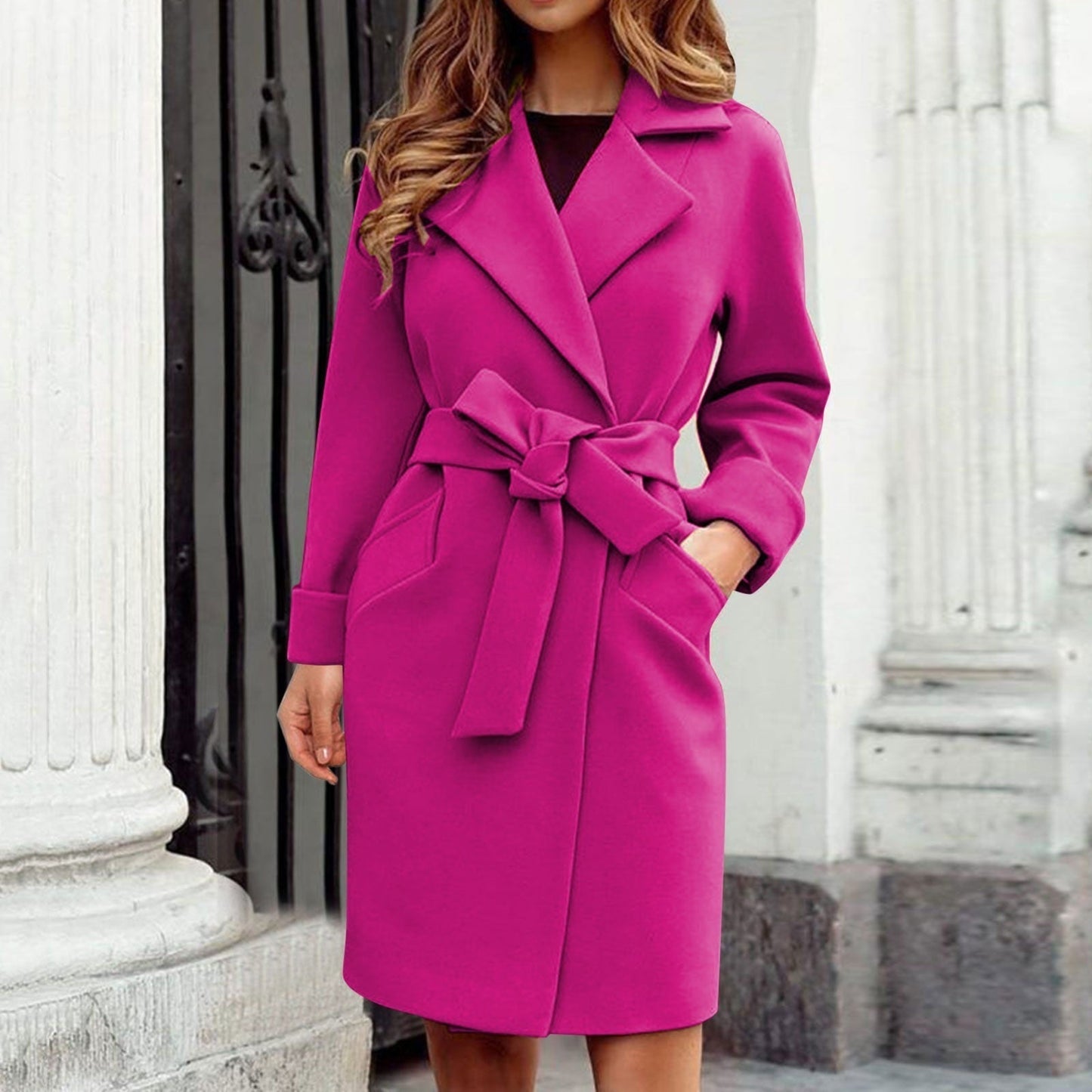 Irène | Manteau Femme Long Classique Couleur Unie avec Col à Revers et Ceinture