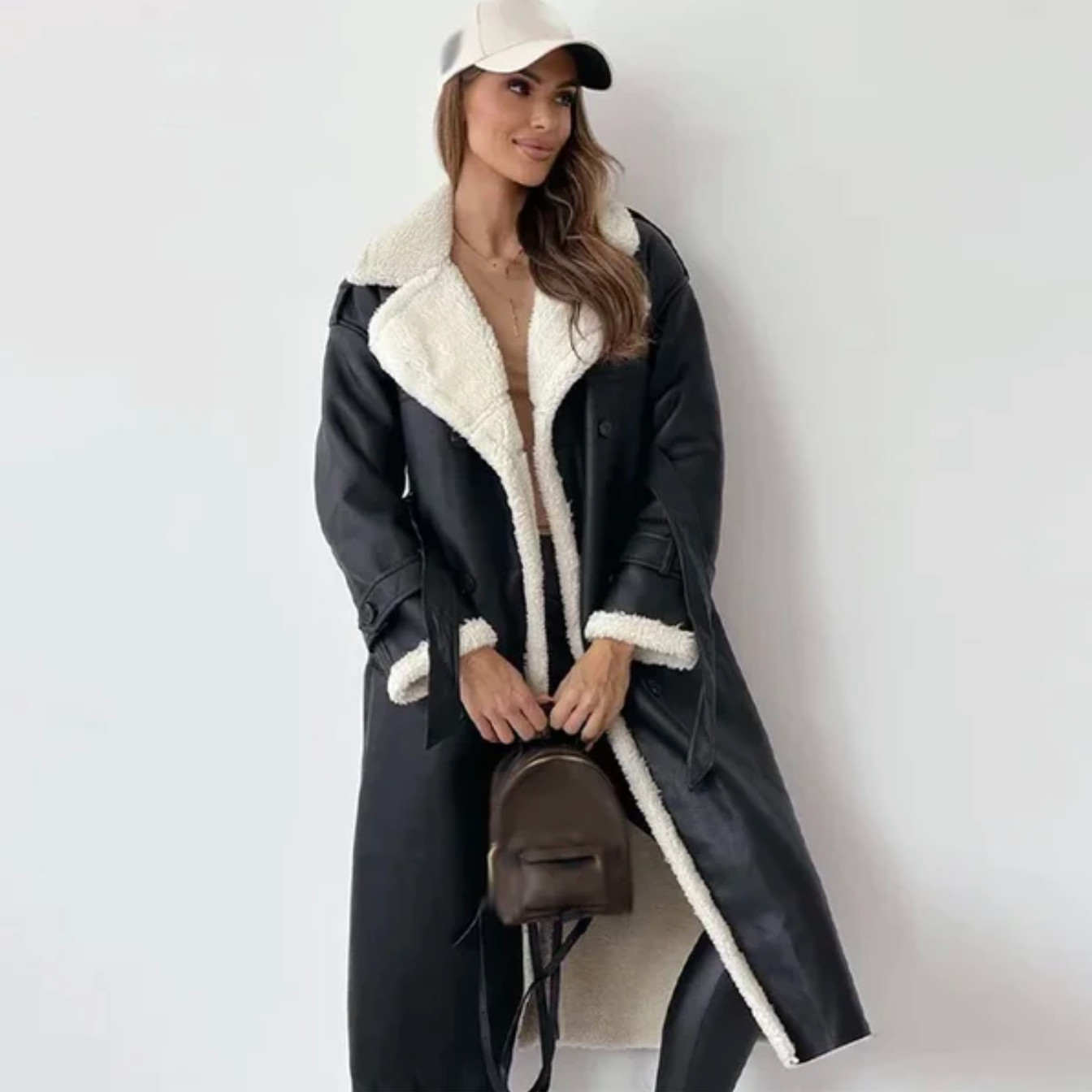 Gabrielle | Manteau long d’hiver femme à double boutonnage avec ceinture et doublure polaire